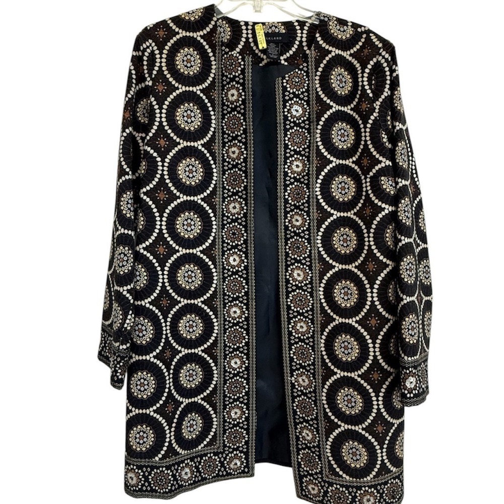 Silkland Womens 100% Silk Open Front Duster Jacket Brown Medallion Sequin Large
